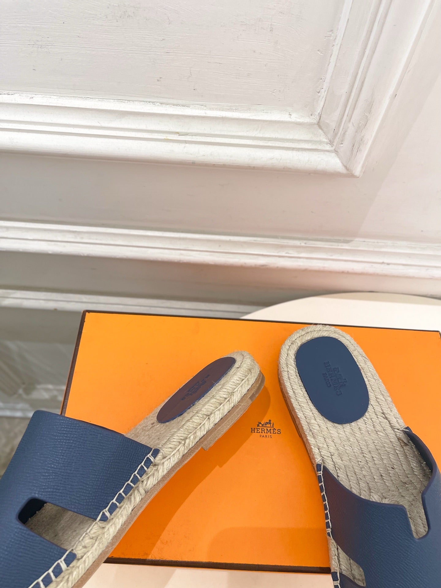 HM Antigua Espadrille Navy Blue Leather Raffia 631949