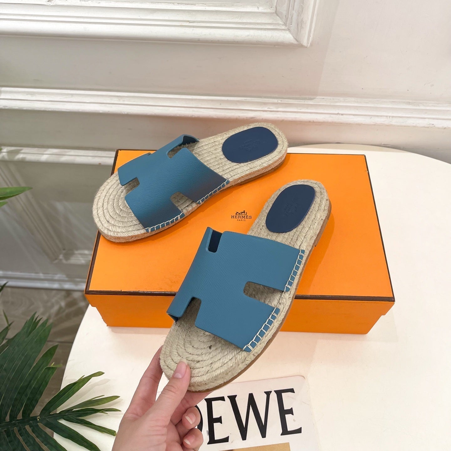 HM Antigua Espadrille Blue Leather Raffia 631950