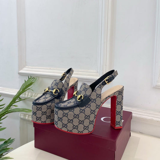 GG 26SS Platform Sandals 130 Gray Blue Monogram Fabric Sheepskin 640266
