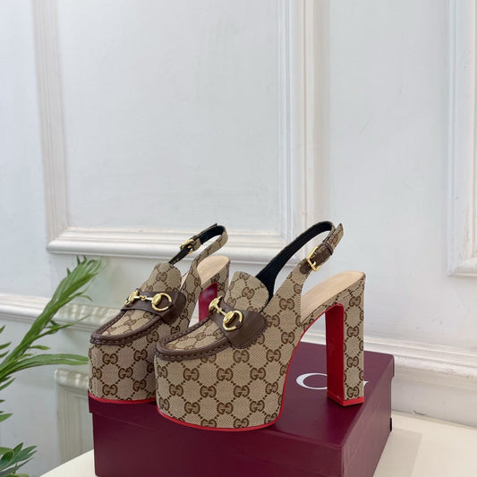 GG 26SS Platform Sandals 130 Beige Brown Monogram Fabric Sheepskin 640267