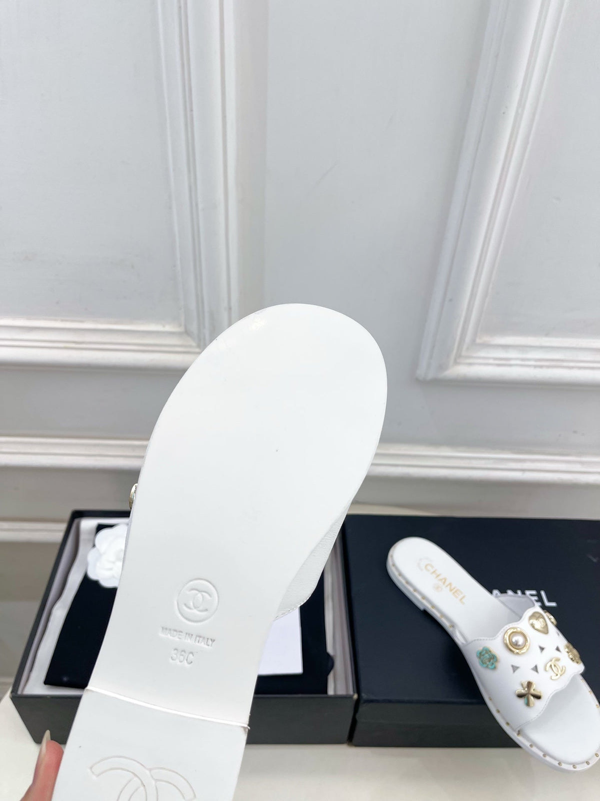 Chanel 26s Flat Sandals White Lambskin Charm-Decorated