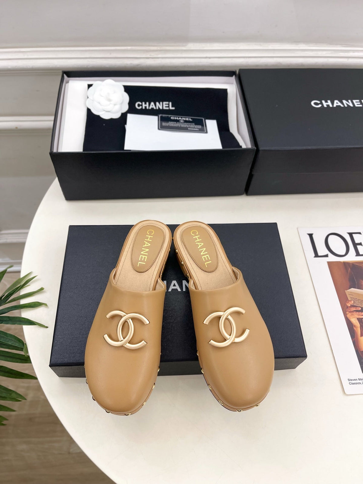 CC 26s Wood Platform Slip-on 3.5cm Light Beige Leather 891747