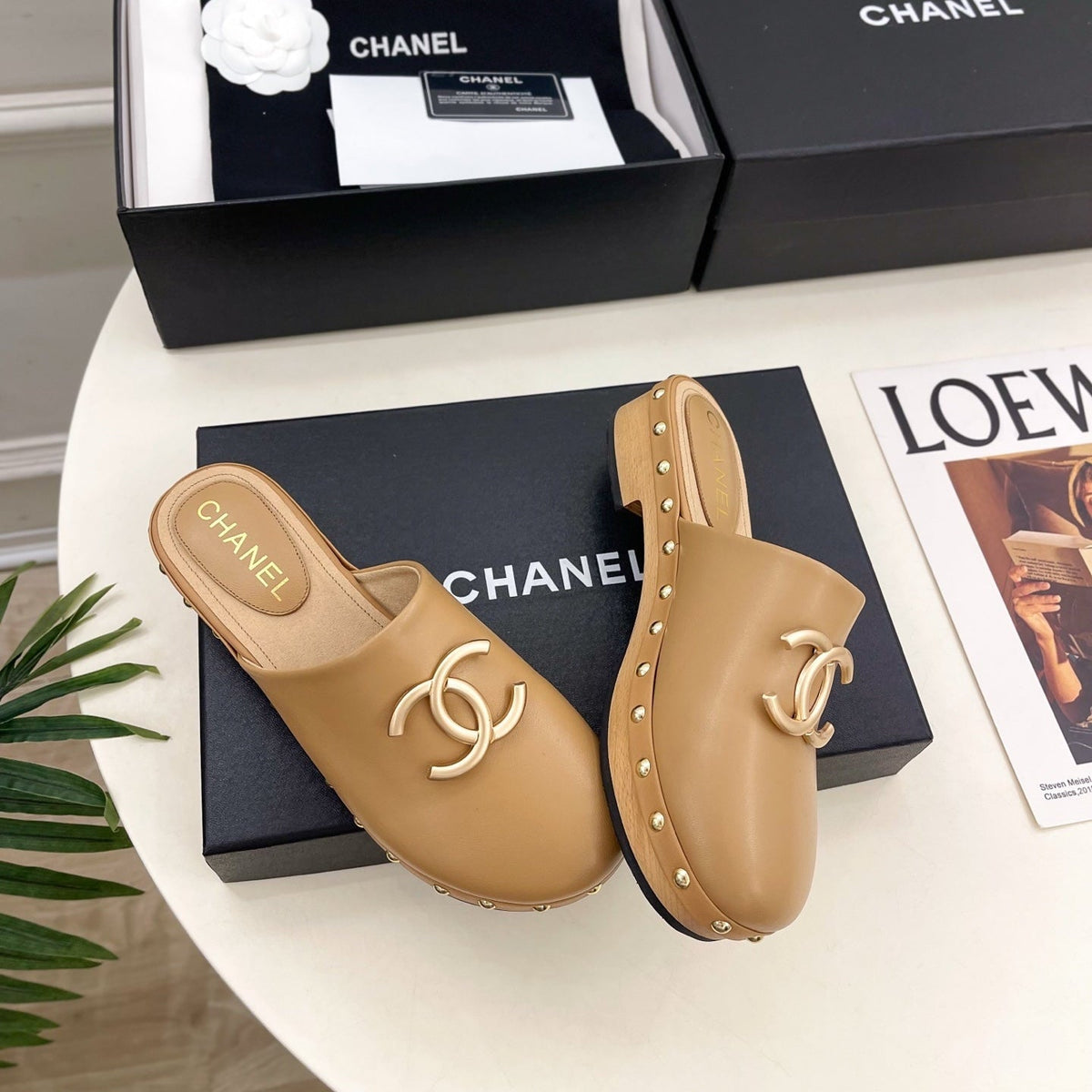 CC 26s Wood Platform Slip-on 3.5cm Light Beige Leather 891747