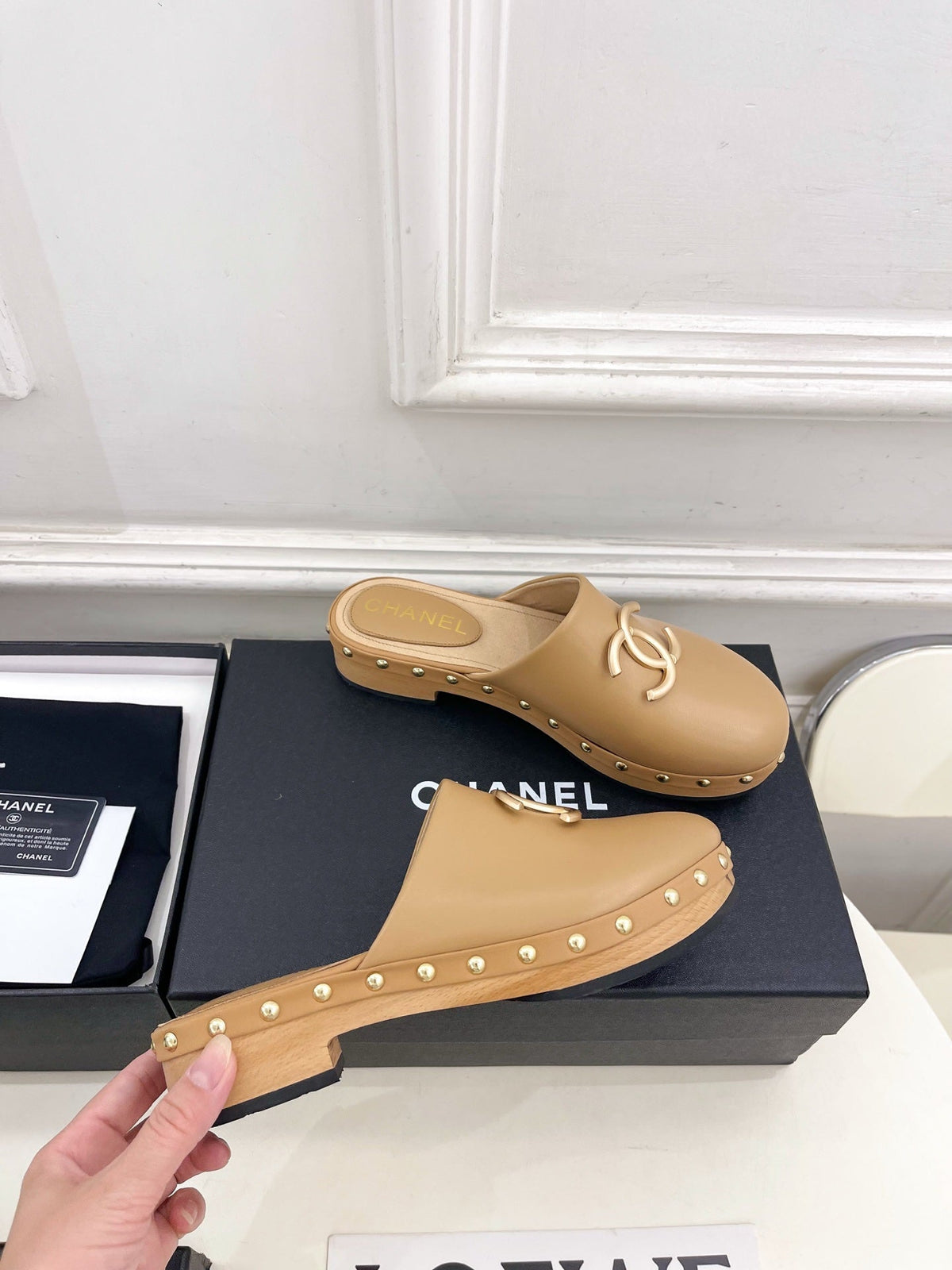 CC 26s Wood Platform Slip-on 3.5cm Light Beige Leather 891747