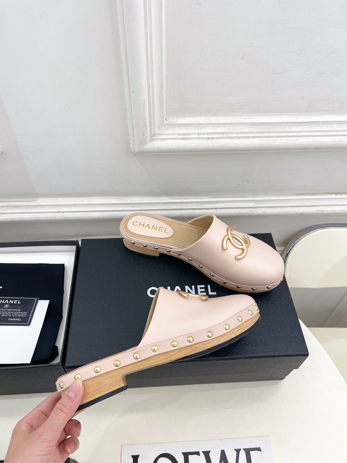 CC 26s Wood Platform Slip-on 3.5cm Light Pink Leather 891748