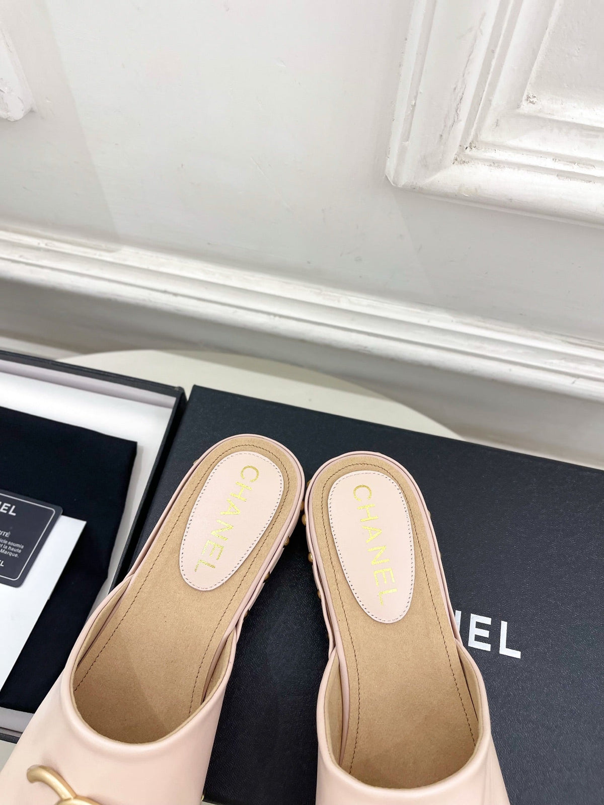 CC 26s Wood Platform Slip-on 3.5cm Light Pink Leather 891748