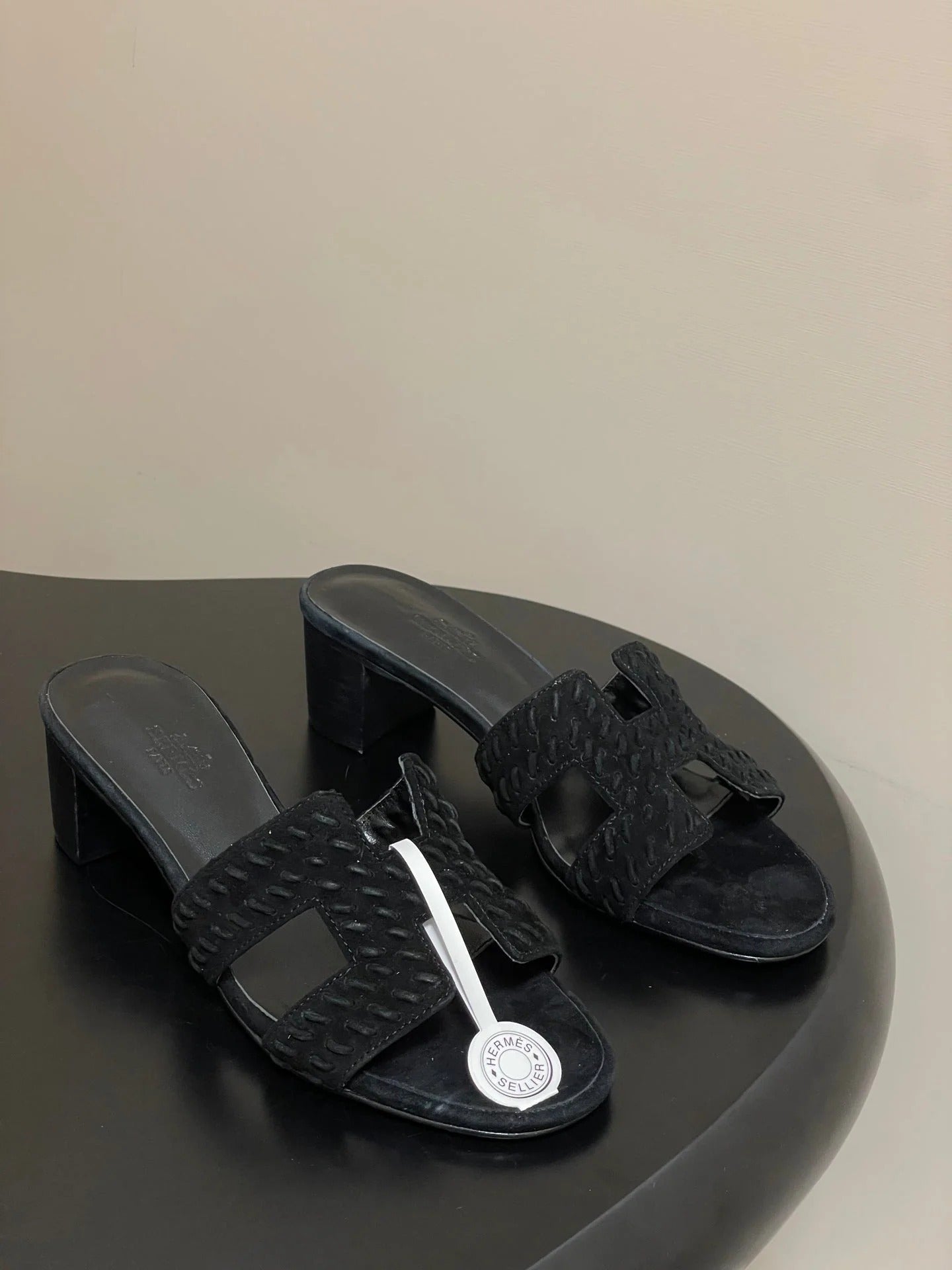 HM 25S ORAN HIGH‑HEEL SANDAL IN BLACK SUEDE AND LAMBSKIN