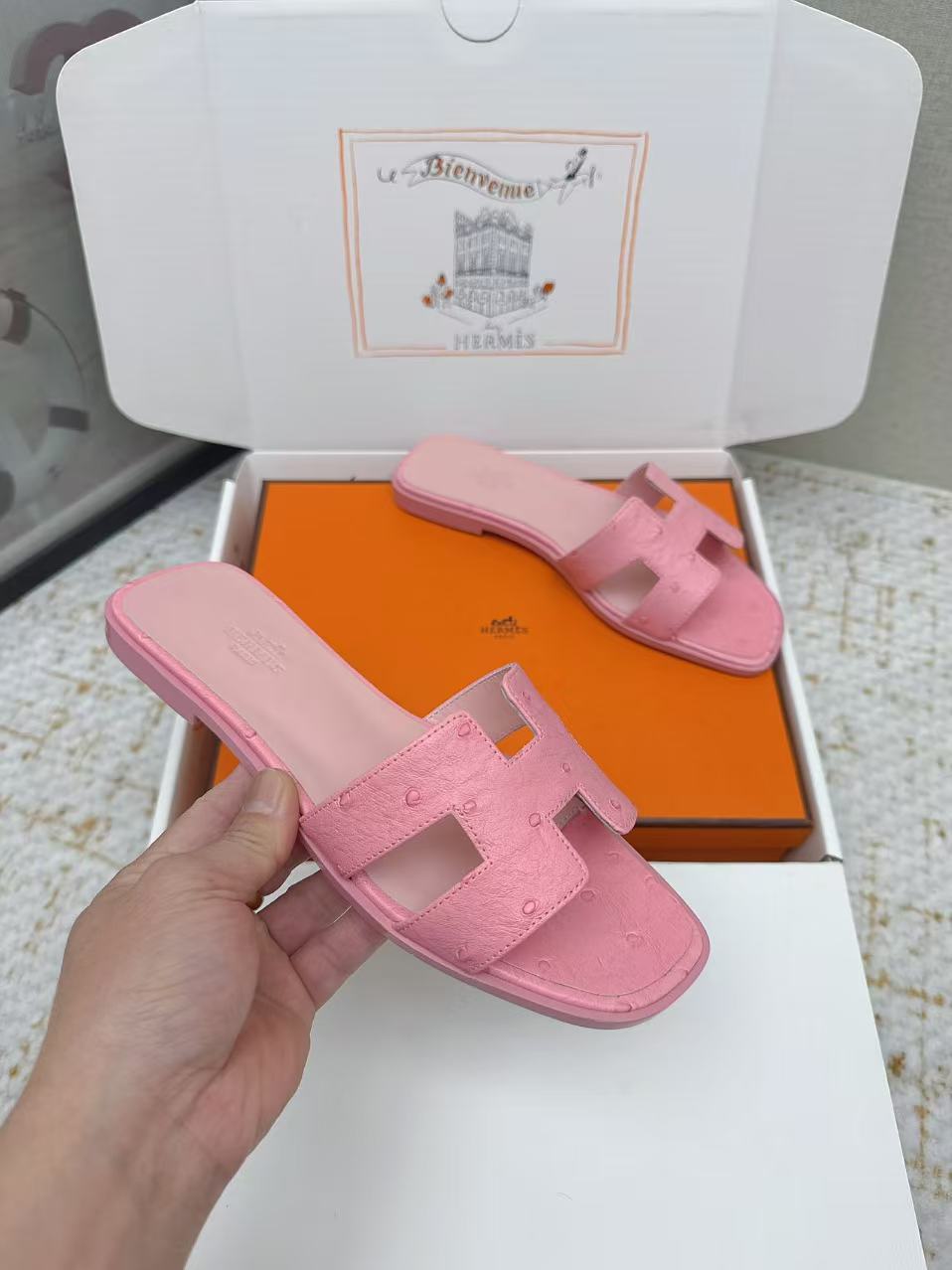HM 2025 Oran Sandal Pink Ostrich Embossed Calfskin