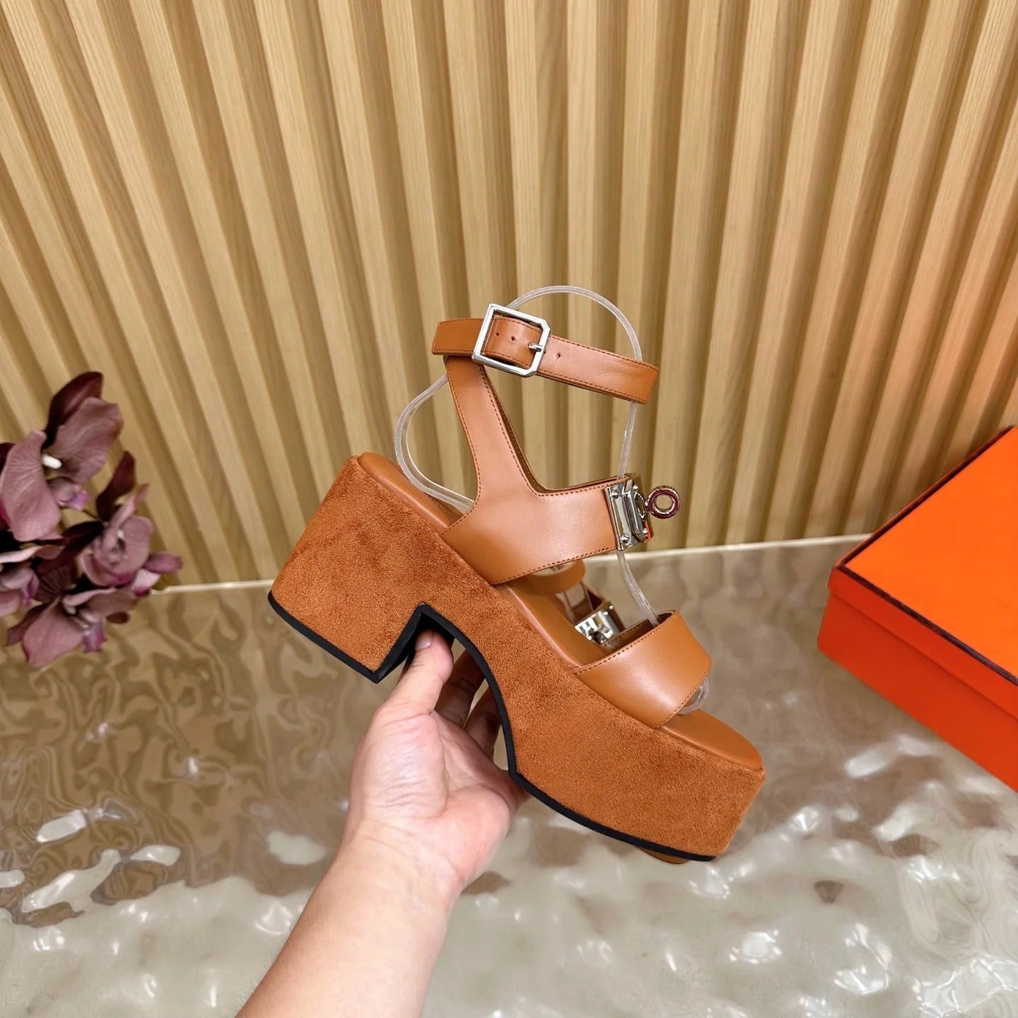 HM 25S CLASSIC WEDGE SANDALS 70 MM IN BROWN LAMBSKIN WITH SILVER HARDWARE