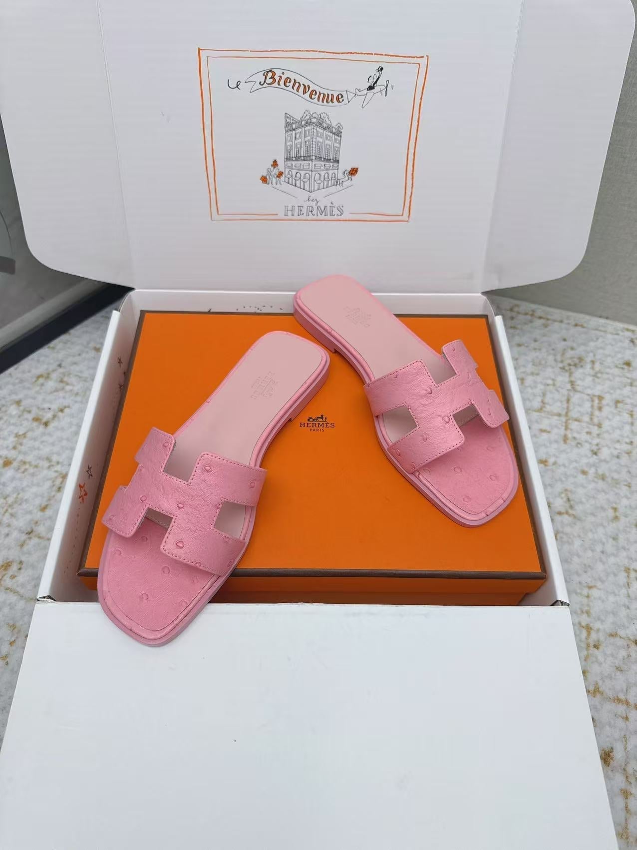 HM 2025 Oran Sandal Pink Ostrich Embossed Calfskin