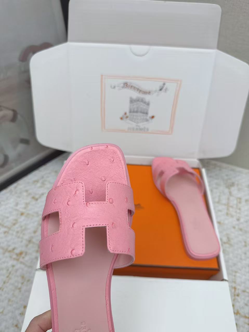 HM 2025 Oran Sandal Pink Ostrich Embossed Calfskin