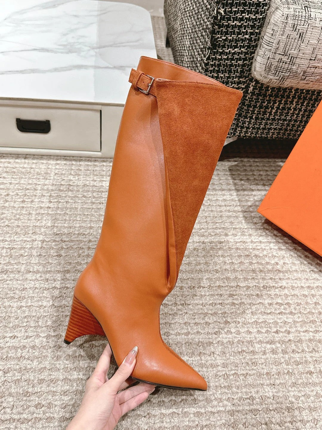 HM HILONA 6 CM BOOTS IN BRONZE BROWN CALFSKIN AND SUEDE