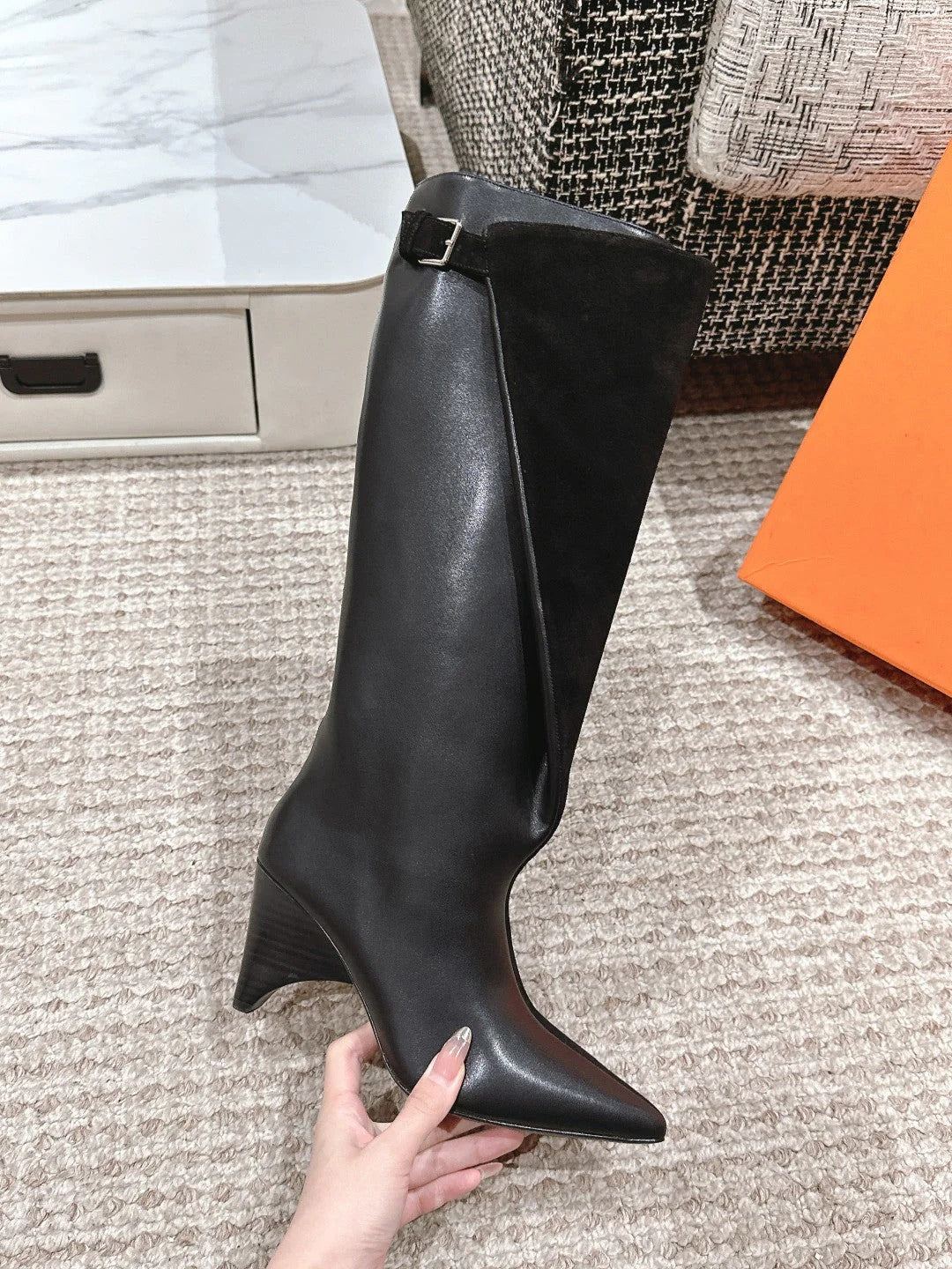 HM HILONA 6 CM BOOTS IN BLACK CALFSKIN AND SUEDE