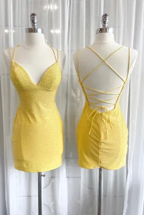 Beaded Yellow Bodycon Straps Mini Bodycon Party Dress