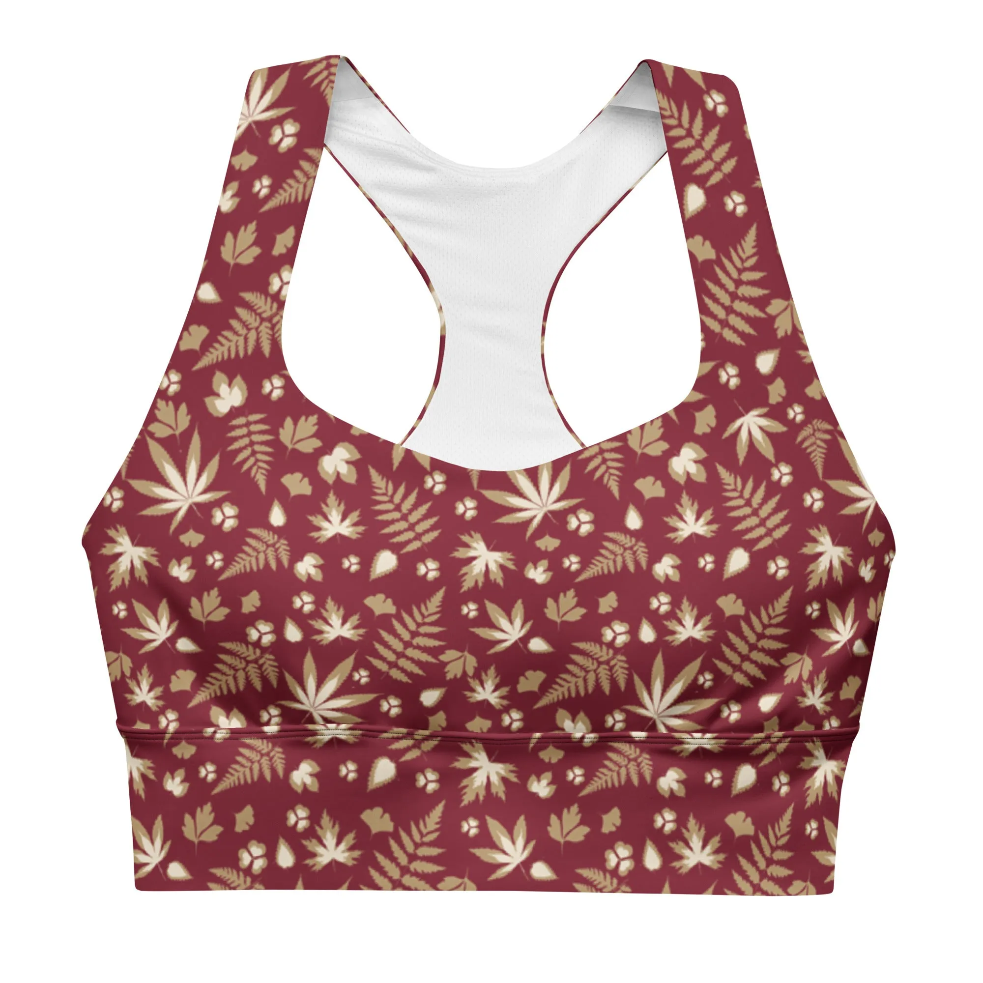Burgundy Weed Leaf Longline Sports Bra