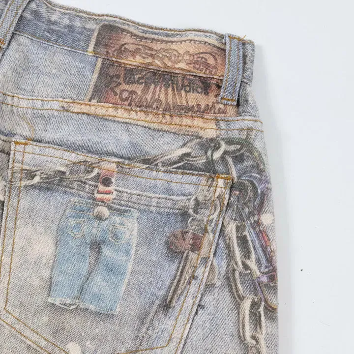 Sneakerhill® Baggy Washed Jeans Chains Print