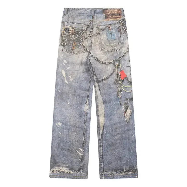 Sneakerhill® Baggy Washed Jeans Chains Print