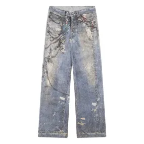 Sneakerhill® Baggy Washed Jeans Chains Print