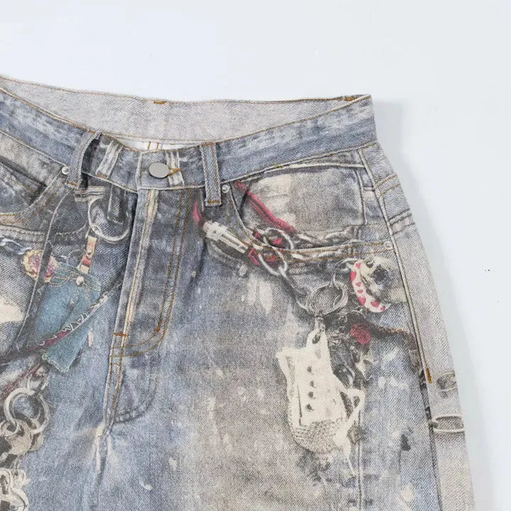 Sneakerhill® Baggy Washed Jeans Chains Print