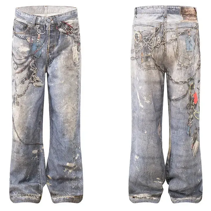 Sneakerhill® Baggy Washed Jeans Chains Print