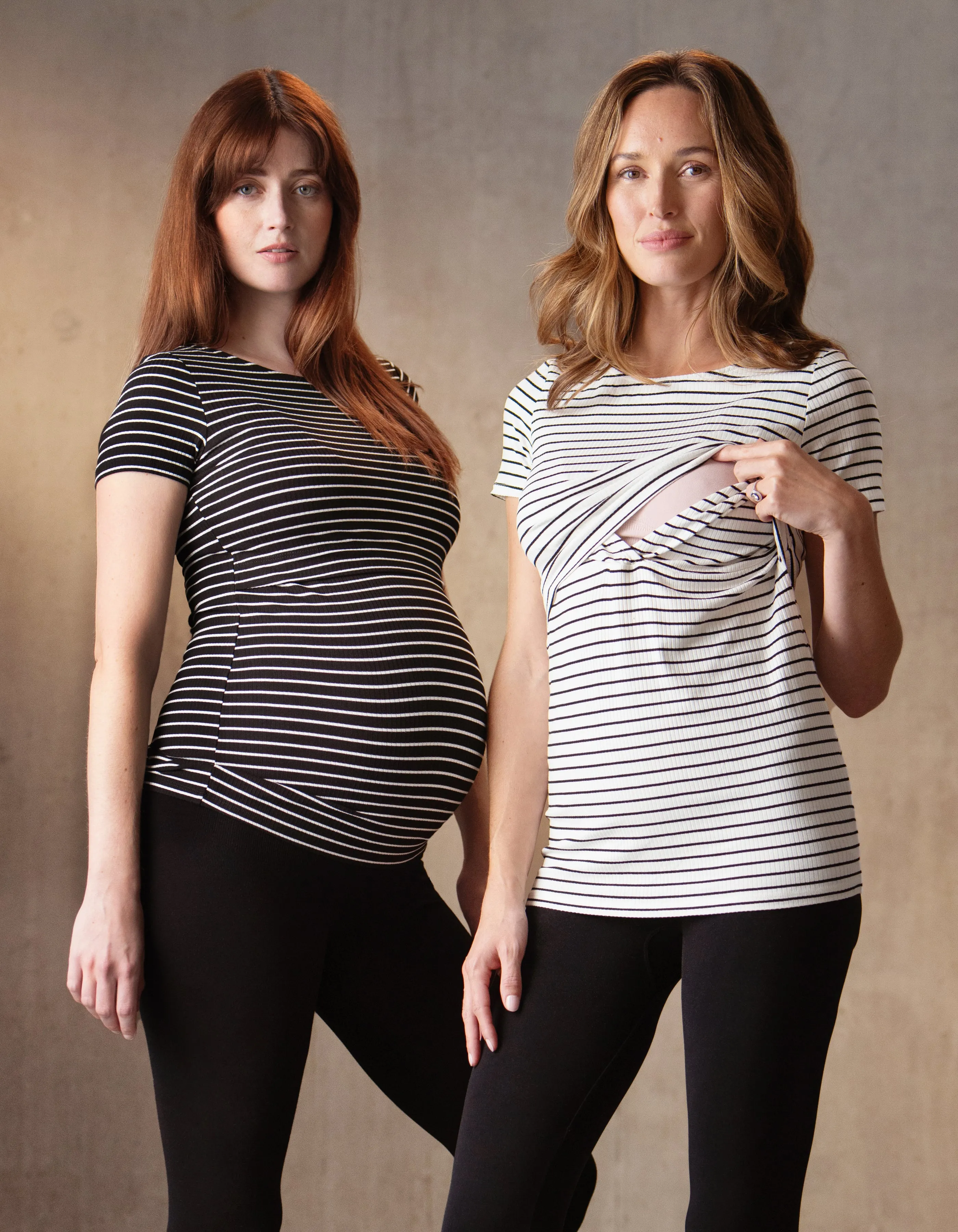 Twin Pack Striped Maternity-to-Nursing T-Shirts – Black   White