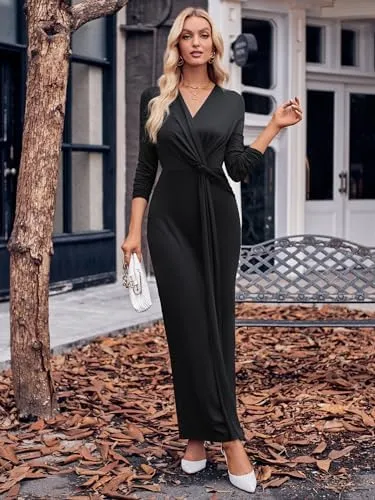 Women's Elegant Long Sleeve Solid Formal Bodycon Maxi Dress Wrap V-Neck Cocktail Parties Long Dresses       X288610