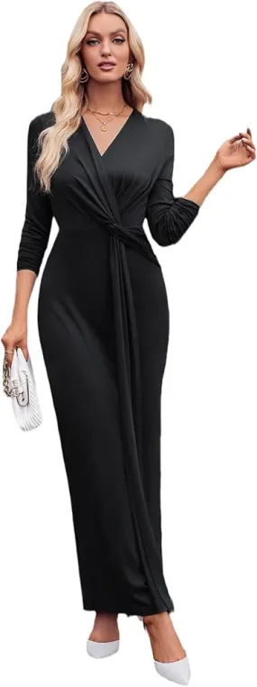 Women's Elegant Long Sleeve Solid Formal Bodycon Maxi Dress Wrap V-Neck Cocktail Parties Long Dresses       X288610