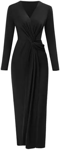 Women's Elegant Long Sleeve Solid Formal Bodycon Maxi Dress Wrap V-Neck Cocktail Parties Long Dresses       X288610