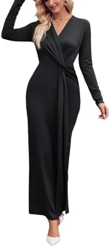 Women's Elegant Long Sleeve Solid Formal Bodycon Maxi Dress Wrap V-Neck Cocktail Parties Long Dresses       X288610