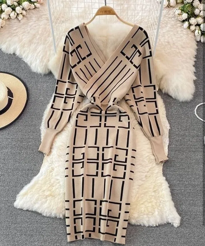 Women's Short Dress V-Neck Long Sleeve Female Dresses Striped Dress S594150